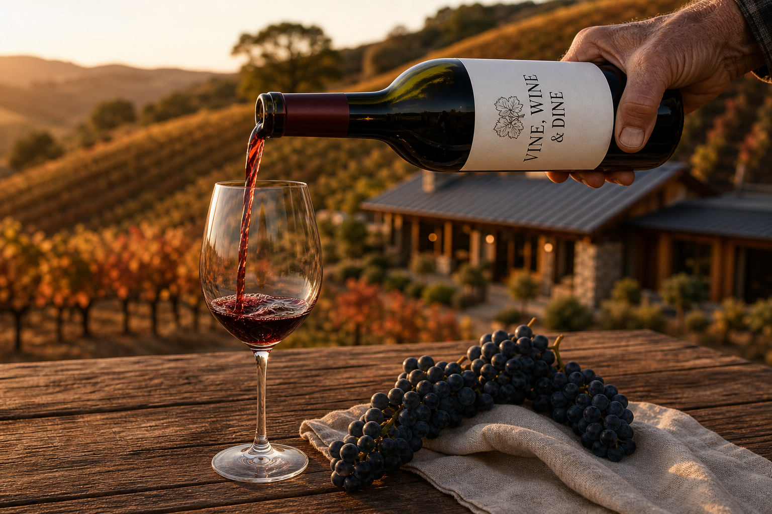 Pouring Sonoma red wine at sunset over a Healdsburg vineyard